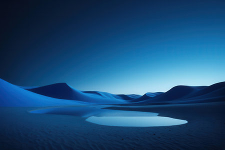 Desert landscape with blue sky and reflection in water, 3d renderの素材