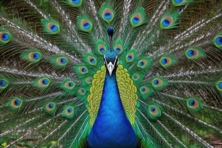 Portrait of beautiful peacock with feathers out. Close up.の素材