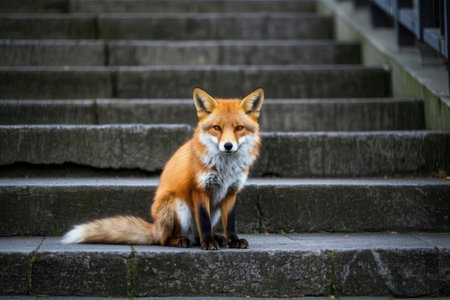 Red fox sitting on stairs in the park. Portrait of a wild animal.の素材