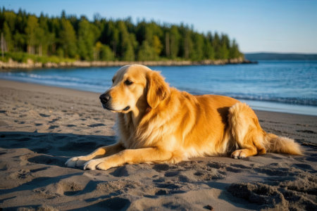 Golden Retriever dog on the beach in summer sunny day.の素材