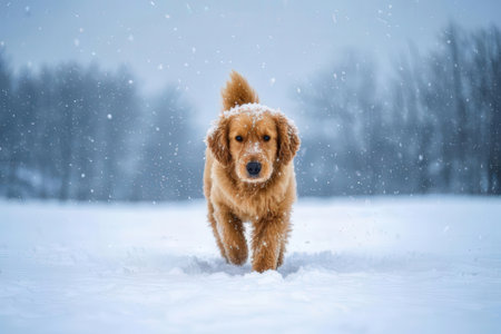 Cute golden retriever dog running in the snow in winter.の素材