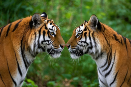 Close up of two tigers in the forest, Panthera tigris altaicaの素材