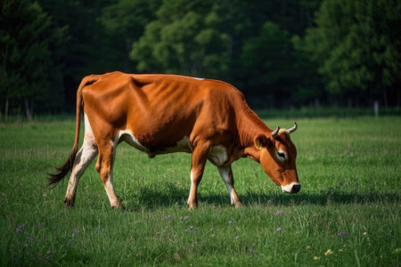 Brown cow grazing on a green meadow in the summertime.の素材