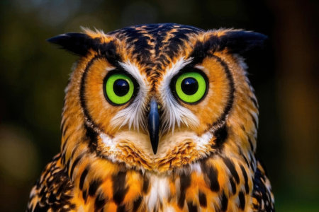Close up portrait of an owl with green eyes on a dark backgroundの素材