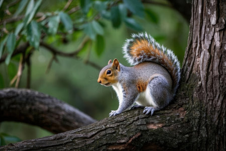 Squirrel sitting on a tree in the forest. Wildlife scene from nature.の素材