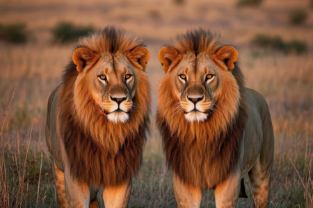 Two lions in the savannah of the Masai Mara National Park in Kenyaの素材