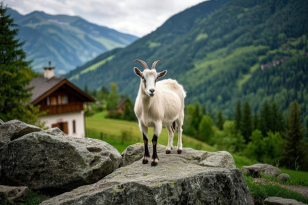 White goat standing on a rock in front of a mountain village.の素材