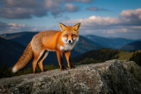 Red fox standing on a rock in the Carpathian mountains.の素材