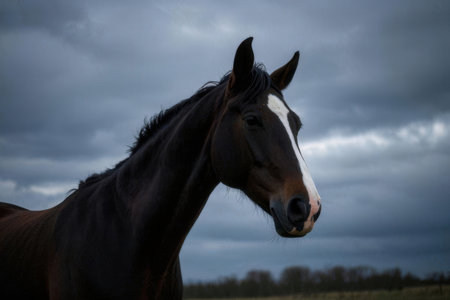 Portrait of a black and white horse on a background of stormy skyの素材