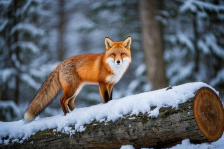 Red fox standing on a log in the winter forest. Wild animal.の素材