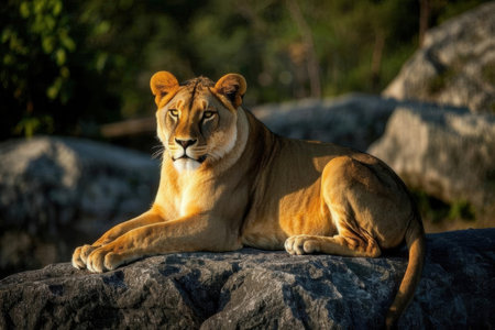 Lioness resting on a rock in the shade of a treeの素材