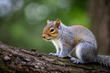 Portrait of a gray squirrel sitting on a tree in the forestの素材