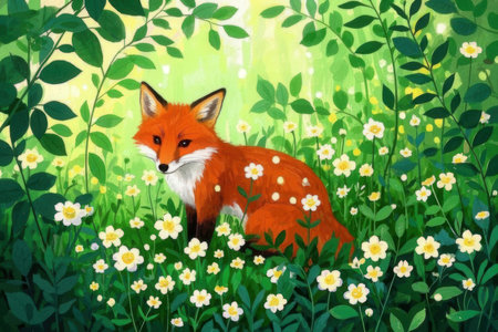 illustration of a red fox sitting in the forest among the flowersの素材