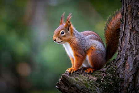Red squirrel sitting on a tree branch in the forest looking at cameraの素材