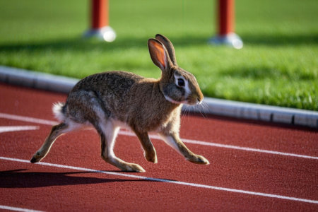 Rabbit running on the track in the stadium, close-upの素材