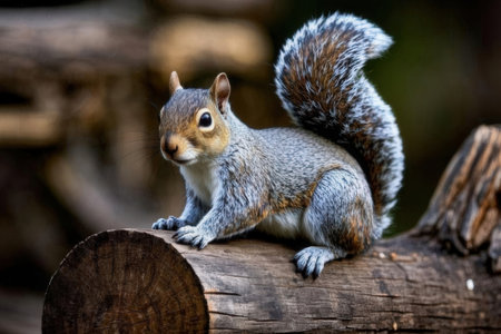 Squirrel sits on a log and looks at the camera. Close-up.の素材