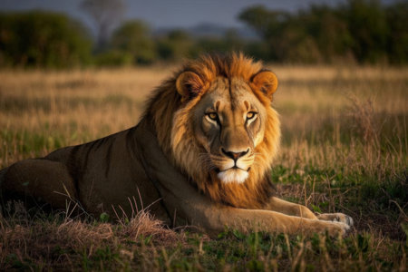 Lion lying in the grass in Maasai Mara National Park in Kenyaの素材