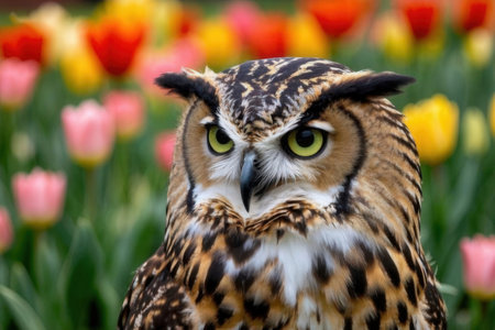 Portrait of an owl with colorful tulips in the background.の素材