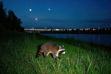 Raccoon in the grass at night with moon in the backgroundの素材
