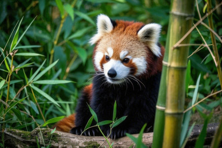 Red panda sitting on bamboo tree in the forest. (Ailurus fulgens)の素材