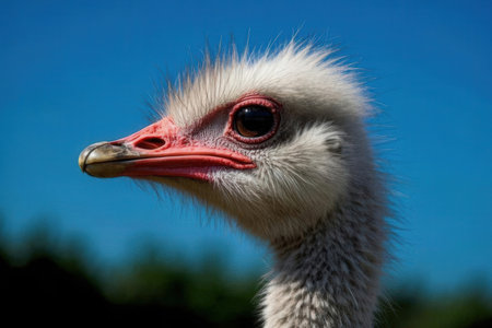 Ostrich head close up on blue sky background. Shallow depth of fieldの素材