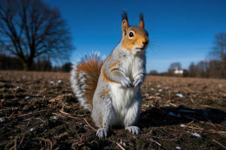Squirrel in the park on a sunny winter day with blue skyの素材