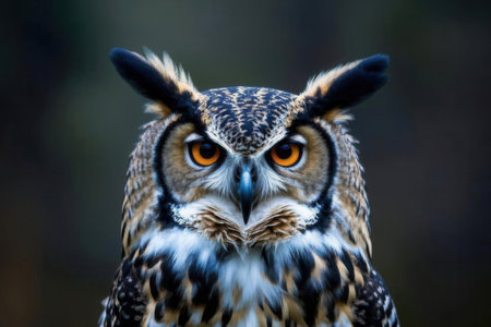 Portrait of an owl with orange eyes. Shallow depth of field.の素材