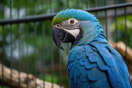 Portrait of a blue macaw parrot in a cage.の素材