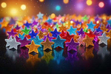 Colorful stars on black background with bokeh effect and copy spaceの写真素材