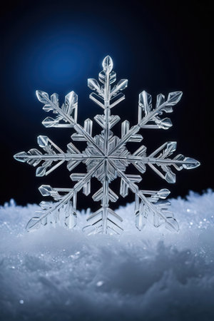 snowflake on snow background, macro photo with shallow depth of fieldの素材