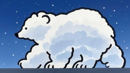 Illustration of a sheep in the night sky with clouds and starsの素材
