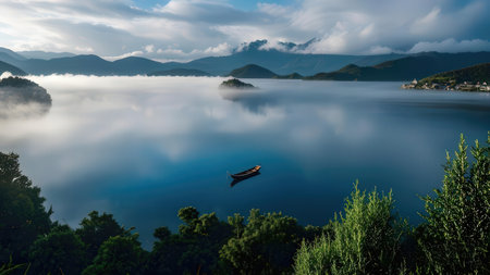 Foggy morning on the lake with boat and mountains in the backgroundの素材
