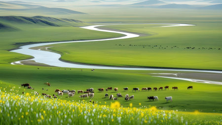 Cows grazing on a green meadow with a river in the backgroundの素材