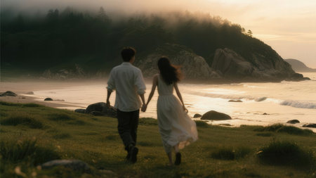 Young couple walking on beach. Man and woman in white clothes.の素材