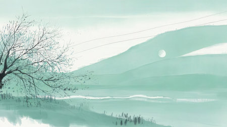 Winter landscape with lonely tree on watercolor background. Digital art painting.の素材
