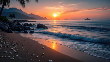 Tropical beach at sunset with palm trees and rocks on the foregroundの素材