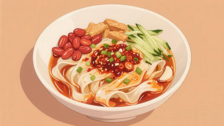 Illustration of a bowl of udon noodles with soy sauce and vegetablesの素材