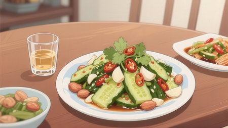 Vegetable salad on a wooden table. 3d illustration.の素材