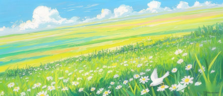 Spring meadow with daisies and a white dove in the skyの素材