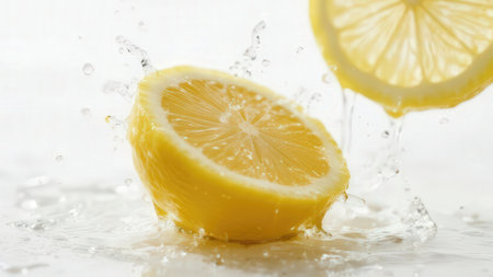Lemon with water splashes on white background, close-upの素材