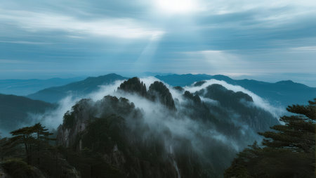 Mountain landscape with fog in Huangshan National Park, Chinaの素材
