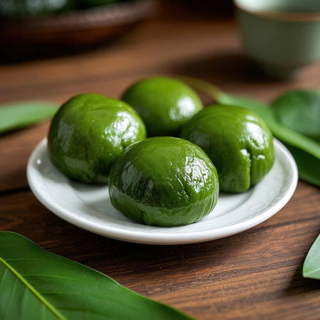 Green soybeans in a white plate on a brown wooden table.の素材