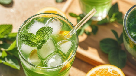 Glasses of tasty lemonade with mint on table, closeupの素材