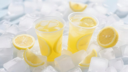 Lemonade with ice cubes and lemon slices on light blue backgroundの素材