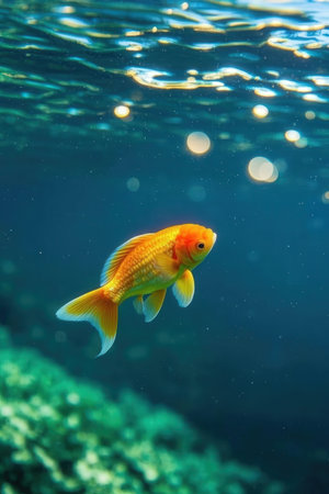 Beautiful goldfish swimming in the sea. Underwater photography.の素材