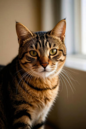 Portrait of a tabby cat with green eyes, close-upの素材