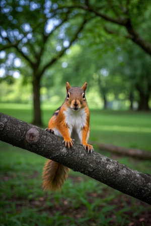Red squirrel sitting on a tree branch in a park, looking at the cameraの素材