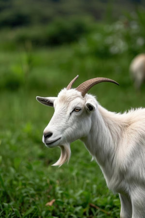 Portrait of a goat with horns on the background of green grassの素材