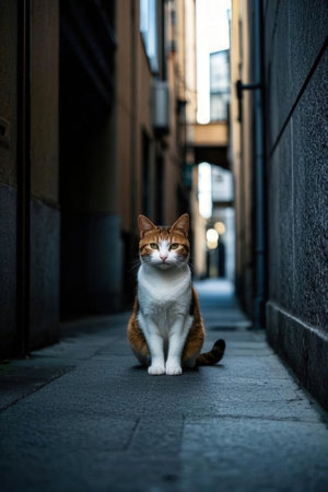 Beautiful cat sitting on the street in the evening. Toned.の素材