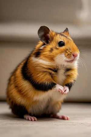Hamster sits on the floor and looks at the camera, close-upの素材